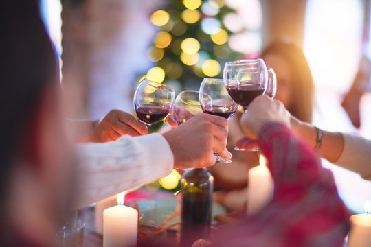 Beautiful family smiling happy and confident. Eating roasted turkey and toasting with cup of wine celebrating Christmas at home