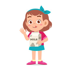 happy cute kid girl holding milk box