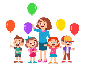 kids boy and girl holding balloon with teacher