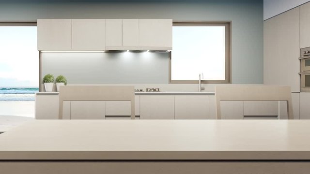 Big glass window near counter and cabinet of modern sea view kitchen in luxury summer beach house. Dining room 3d rendering with empty clean wooden top table.
