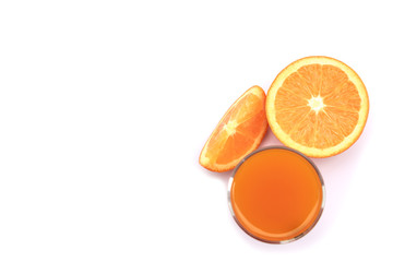 Closeup ripe fresh orange fruit slice with glass of orange juice isolated on white background .