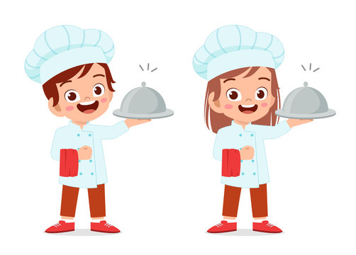 happy cute kid boy and girl in chef costume