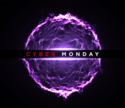 Cyber Monday digital sphere background. Sale flyer or banner design template. Vector illustration of neon lights Cyber Monday 2020 sign with illuminated wave, particles and lens flare light effect.