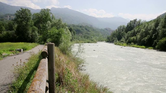 Dora Baltea river next to Saint-Vincent, Aosta Valley, Italy