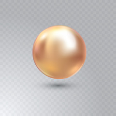 Vector illustration of single shiny natural yellow sea oyster pearl with light effects isolated on transparent background. Beautiful 3D shining realistic pearl for luxury accessories.