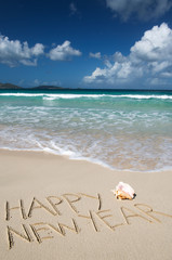 Fototapeta na wymiar Happy New Year message handwritten in sand with conch shell on a tropical island beach