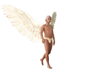 Angel with wings walking. Isolated on white. 3D rendering.