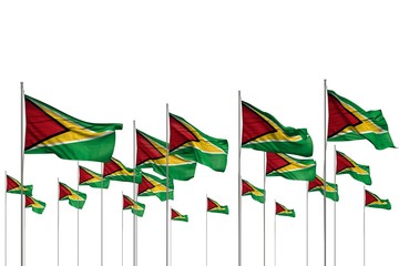 beautiful many Guyana flags in a row isolated on white with empty place for text - any celebration flag 3d illustration..