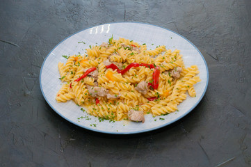 Italian pasta with meat, cheese, spices, parsley and red tomato sauce. Gourmet traditional food
