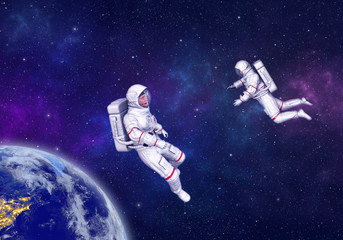 Astronauts floating and exploring in deep space above Planet Earth. Elements of this image furnished by NASA. 3D rendering.