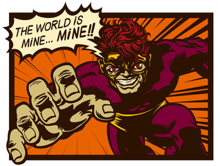 Vintage comic book sinister super villain with speech bubble scheming evil plan to conquer and rule the world retro pop art comics vector illustration
