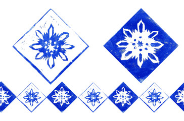 Abstract composition with endless border of  blue snowflakes in frame isolated on white background. Hand made linoprint. Elements and inverted objects of snowflakes
