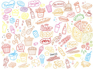Set of colorful fast food doodles on white. Vector illustration. Perfect for menu or food package design.
