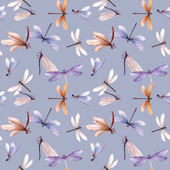 Watercolor summer dragonfly insect colourful seamless pattern