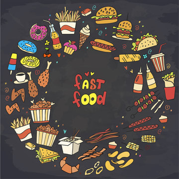 Set Of Colorful Fast Food Doodle On Chalkboard. Vector. Burger, Snacks, Hamburger, Fries, Hot Dog, Tacos, Coffee, Sandwich, Ice Cream, Donut. Perfect For Menu Design. Round Composition.