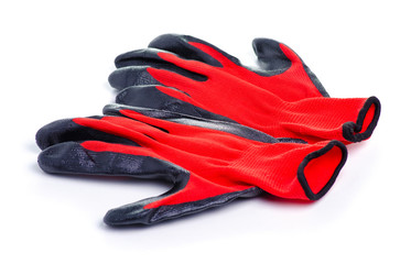 Red work rubber gloves on white background isolation