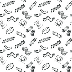 Pasta types hand drawn vector seamless pattern, sketched ink illustrations.