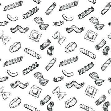Pasta types hand drawn vector seamless pattern, sketched ink illustrations.