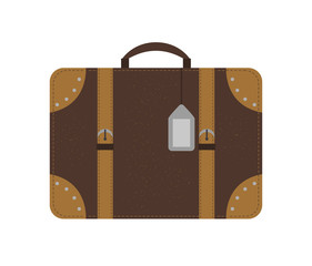 Vector flat illustration of a traveler’s suitcase. Brown luggage icon with label. Travel object isolated on white background. Vacation infographic element..