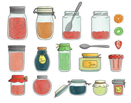 Vector set of colored jam jars isolated on white background. Colorful collection of preserved food in pots.  .