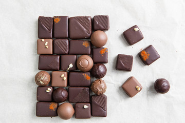 Homemade fresh chocolate candies. Gourmet food, delicious dessert.