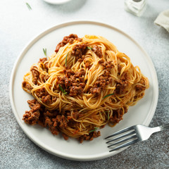 Homemade pasta with tomato sauce and beef