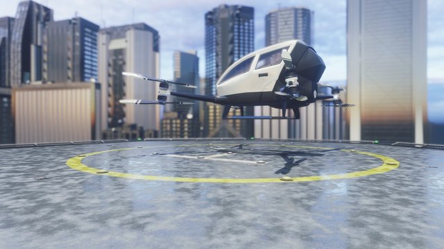 Pilotless Passenger Air Taxi Makes A Departure For The Call Of The Client. The Concept Of The Future Unmanned Taxi. 3D Rendering