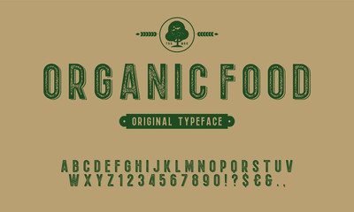 Hand Drawn Rustic Farm Fresh Vector Typeface.Organic alphabet with imprint effect. Retro grunge marker for organic packaging design. Stamp lettering.Vintage Retro Textured Decorative Type.