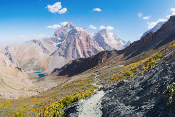 Hiking in mountain trail. Beautiful mountains landscape. Fann mountains in Tajikistan.