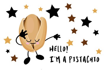 Pistachio character. Useful vegan food. Nuts are good.