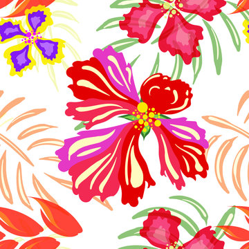 Seamless Pattern tropical red flowers free hand