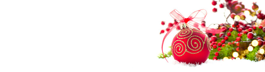 Red Christmas and New Year Decoration isolated on white background. Border art design with holiday...