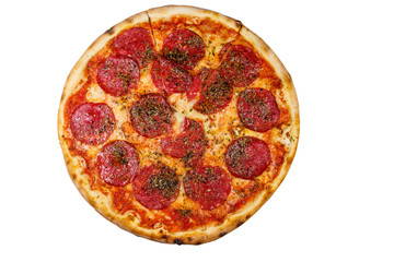 Delicious fresh pizza with sausage and cheese isolated on white background