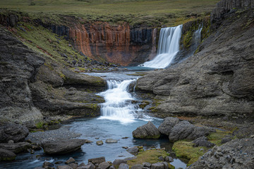 Slaedufoss Waterfall in a remote area of northern islandic Highland