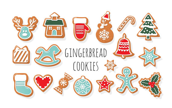 Christmas Gingerbread Cookies big set. Traditional decorative elements. Cute stickers for winter holidays design. Vector