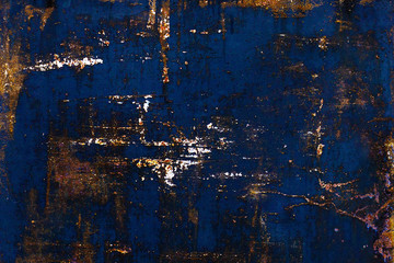 Texture painted rusted metal, colored background with iron fence. Grunge blue old dirty scratched abstract background. Oxidized Metal blue copper patina and iron oxide texture.