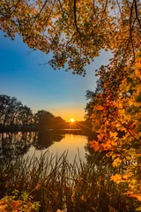 Sonnenuntergang Herbstlandschaft am See mit bunten Blättern am Baum © vulcanus