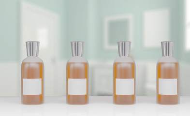 liquid soap for the bathroom. shampoo in jars with blank label on blurry background. 3D rendering