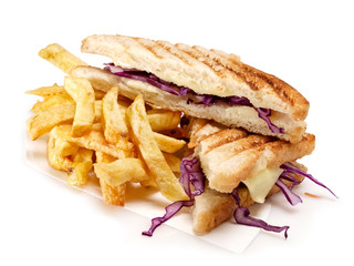 Toasted sandwich with cheese, salad and fried potatoes