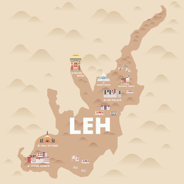 Illustration map of Leh. Landmarks of Leh. Travel concept. Map illustration. 