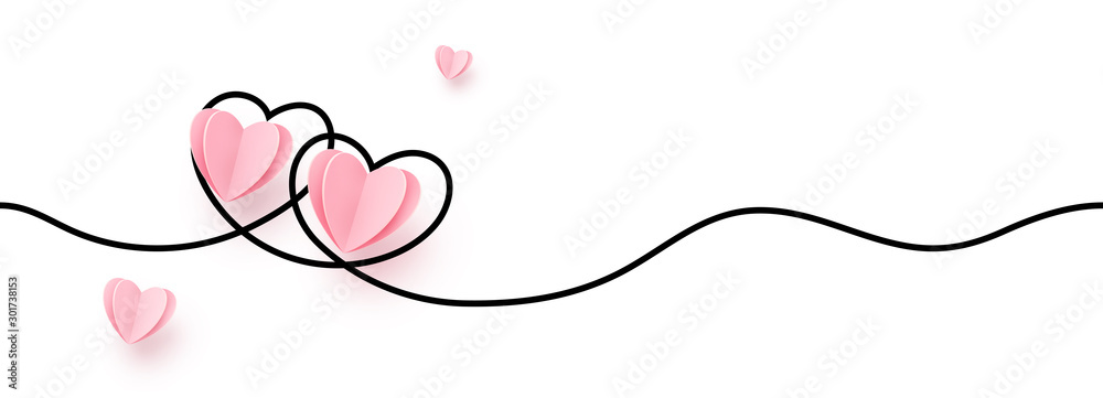 Wall mural continuous line heart shape border with realistic paper heart on white background for valentines, wo
