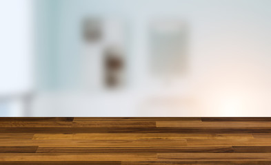 Empty interior with large window. Retro light bulb. The floor is of brown parquet.  3D rendering. wooden table. blurred background