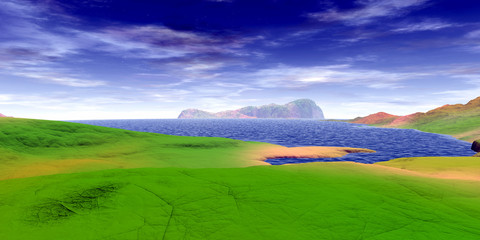 Alien Planet. Mountain and lake. 3D rendering