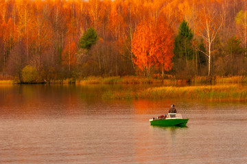 Fishermens on Volga river near Tver, Russia, Autumn