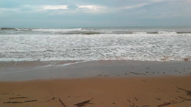 Restos de temporal en la arena de la playa y las olas del mar llegando en un d&iacute;a de post temporal