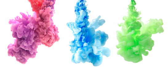 Set of abstract different colors of ink in water on a white background. It looks like smoke or...