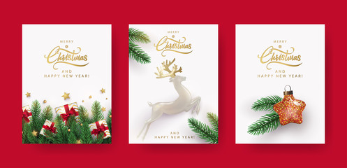 Set of Christmas and New Year greeting cards with xmas decoration. Winter Holiday Posters or banners design in modern realistic style with fir branches, gift boxes, christmas tree toys deer and stars