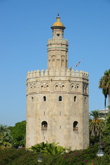 Stunning view of the Torre del Oro in the city of Sevilla, Andalusia, Spain