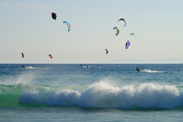 Kitesurfers at the at "Valdevaqueros" beach, Tarifa, Andalusia, Spain