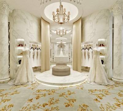 3d render of wedding dress studio, shop.